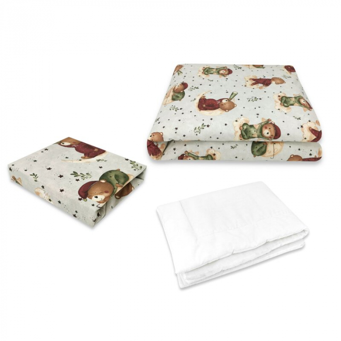 Lenjerie patut cu 3 piese, MimiNu, Cu cearceaf 120x60 cm, Din bumbac certificat Oeko Tex Standard 100, Cu pilota si husa pilota, 135x100 cm, Design, Teddy Bear On Moon [1]