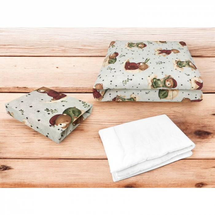 Lenjerie patut cu 3 piese, MimiNu, Cu cearceaf 120x60 cm, Din bumbac certificat Oeko Tex Standard 100, Cu pilota si husa pilota, 135x100 cm, Design, Teddy Bear On Moon [2]