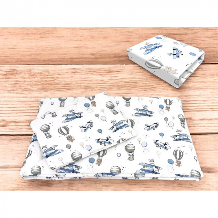 Lenjerie patut cu 3 piese, MimiNu, Cu cearceaf 120x60 cm, Pilota, Pernuta, Din bumbac certificat Oeko Tex Standard 100, Blue Plane [2]