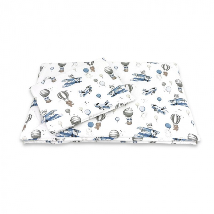Lenjerie patut cu 3 piese, MimiNu, Cu cearceaf 120x60 cm, Pilota, Pernuta, Din bumbac certificat Oeko Tex Standard 100, Blue Plane [5]
