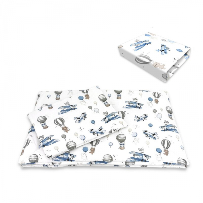 Lenjerie patut cu 3 piese, MimiNu, Cu cearceaf 120x60 cm, Pilota, Pernuta, Din bumbac certificat Oeko Tex Standard 100, Blue Plane [1]