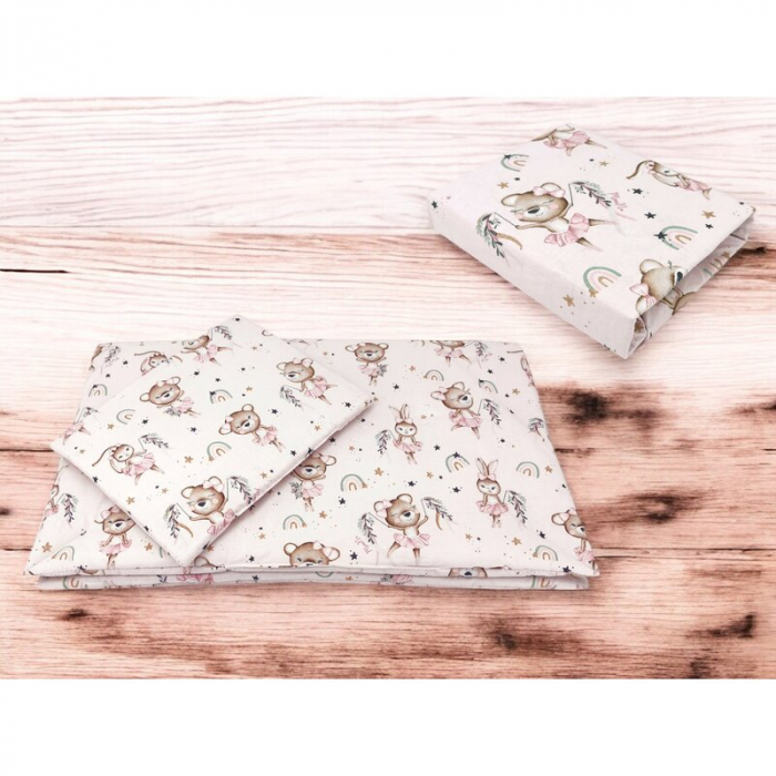 Lenjerie patut cu 3 piese, MimiNu, Cu cearceaf 120x60 cm, Pilota, Pernuta, Din bumbac certificat Oeko Tex Standard 100, Design, Little Ballerina Pink [2]