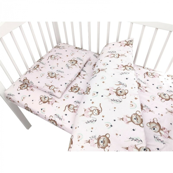 Lenjerie patut cu 3 piese, MimiNu, Cu cearceaf 120x60 cm, Pilota, Pernuta, Din bumbac certificat Oeko Tex Standard 100, Design, Little Ballerina Pink [3]