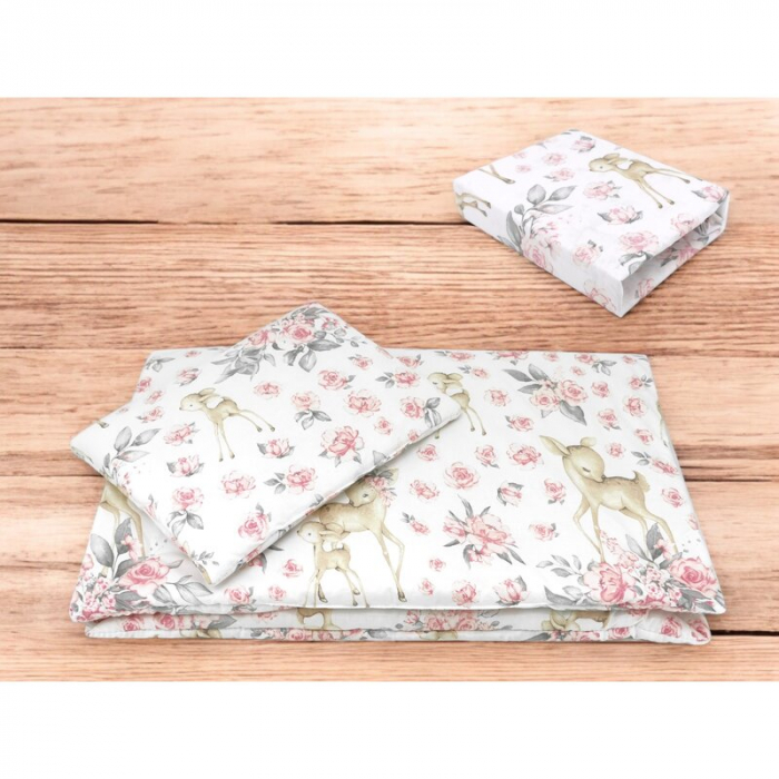 Lenjerie patut cu 3 piese, MimiNu, Cu cearceaf 120x60 cm, Pilota, Pernuta, Din bumbac certificat Oeko Tex Standard 100, Sweet Deer Pink [2]
