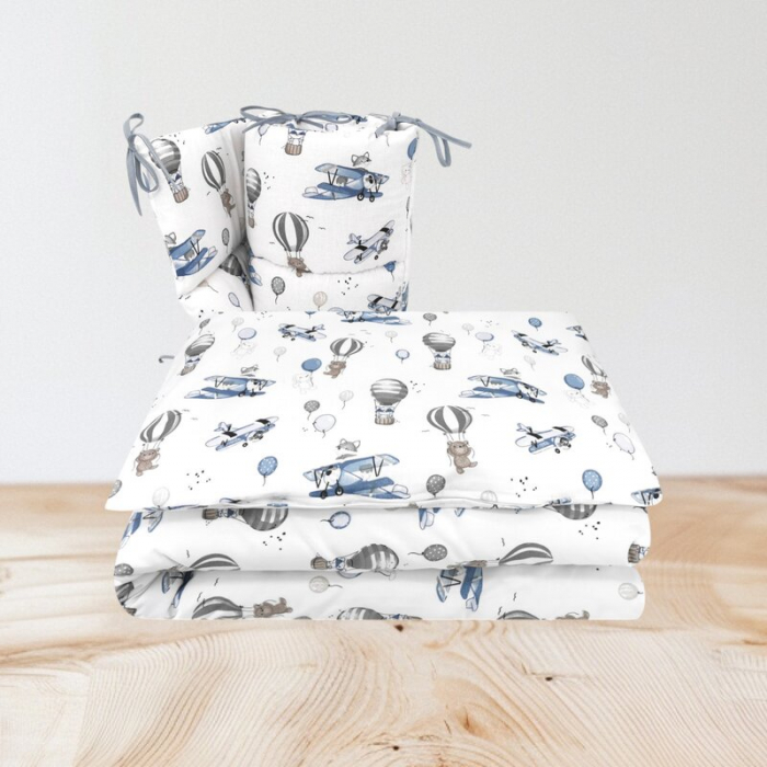 Lenjerie patut cu 3 piese, MimiNu, Pentru patut 120x60 cm, Cu protectie laterala, Din bumbac certificat Oeko Tex Standard 100, Blue Plane [2]