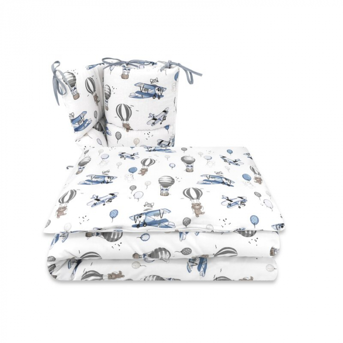 Lenjerie patut cu 3 piese, MimiNu, Pentru patut 120x60 cm, Cu protectie laterala, Din bumbac certificat Oeko Tex Standard 100, Blue Plane [1]