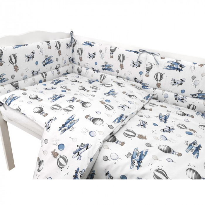 Lenjerie patut cu 3 piese, MimiNu, Pentru patut 120x60 cm, Cu protectie laterala, Din bumbac certificat Oeko Tex Standard 100, Blue Plane [3]