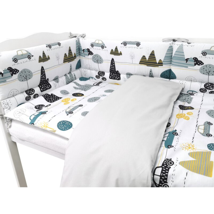 Lenjerie patut cu 3 piese, MimiNu, Pentru patut 120x60 cm, Cu protectie laterala, Din bumbac certificat Oeko Tex Standard 100, Childrens Journey Grey [4]
