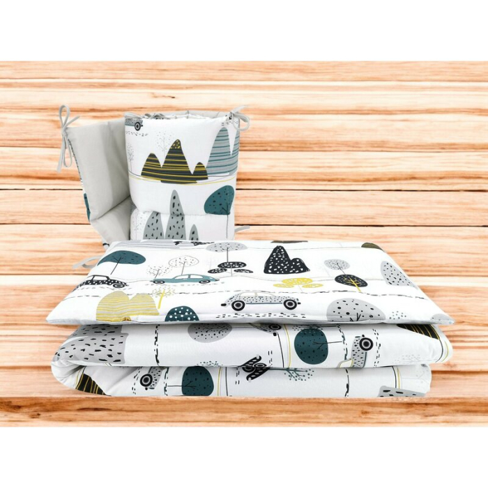 Lenjerie patut cu 3 piese, MimiNu, Pentru patut 120x60 cm, Cu protectie laterala, Din bumbac certificat Oeko Tex Standard 100, Childrens Journey Grey [2]