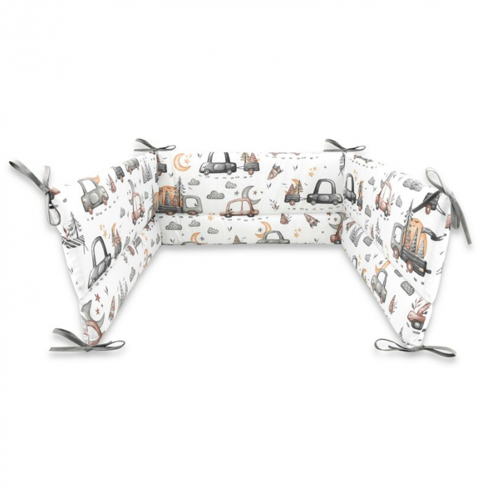 Lenjerie patut cu 3 piese, MimiNu, Pentru patut 120x60 cm, Cu protectie laterala, Din bumbac certificat Oeko Tex Standard 100, Design, Cars Grey [4]