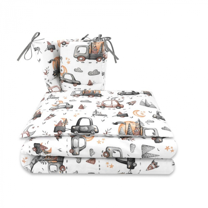 Lenjerie patut cu 3 piese, MimiNu, Pentru patut 120x60 cm, Cu protectie laterala, Din bumbac certificat Oeko Tex Standard 100, Design, Cars Grey [1]