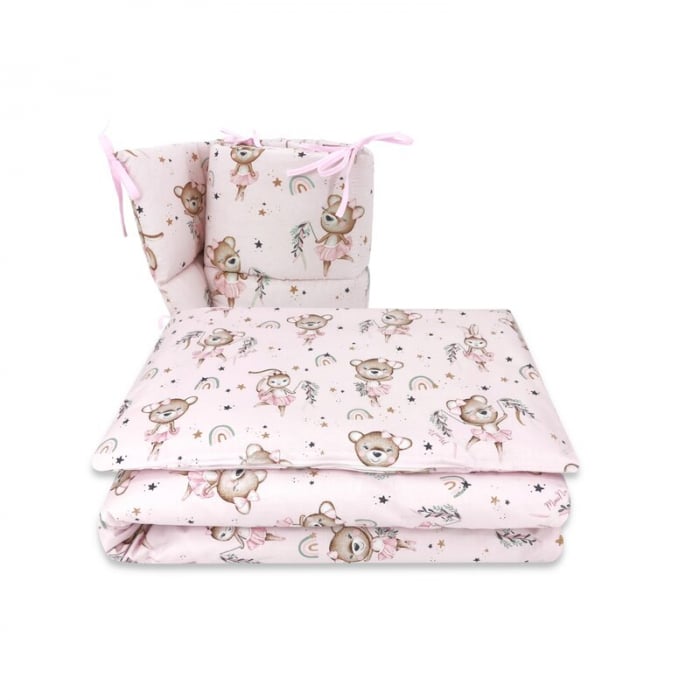 Lenjerie patut cu 3 piese, MimiNu, Pentru patut 120x60 cm, Cu protectie laterala, Din bumbac certificat Oeko Tex Standard 100, Design, Little Ballerina Pink [1]