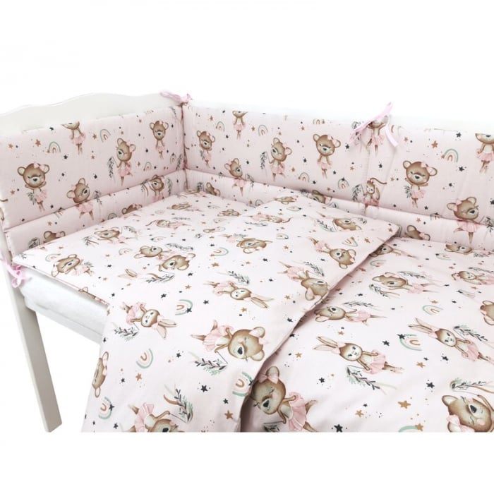 Lenjerie patut cu 3 piese, MimiNu, Pentru patut 120x60 cm, Cu protectie laterala, Din bumbac certificat Oeko Tex Standard 100, Design, Little Ballerina Pink [3]