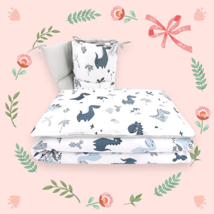 Lenjerie patut cu 3 piese, MimiNu, Pentru patut 120x60 cm, Cu protectie laterala, Din bumbac certificat Oeko Tex Standard 100, Dino Granat [6]