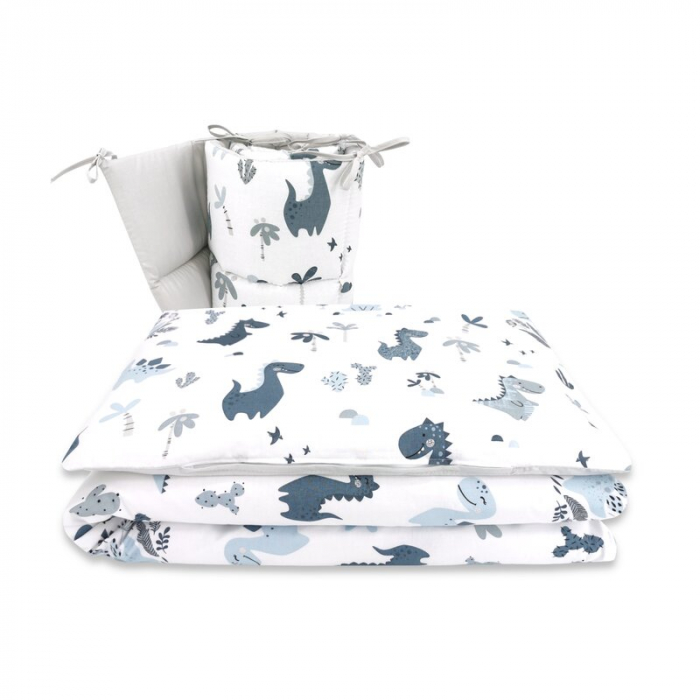 Lenjerie patut cu 3 piese, MimiNu, Pentru patut 120x60 cm, Cu protectie laterala, Din bumbac certificat Oeko Tex Standard 100, Dino Granat [1]