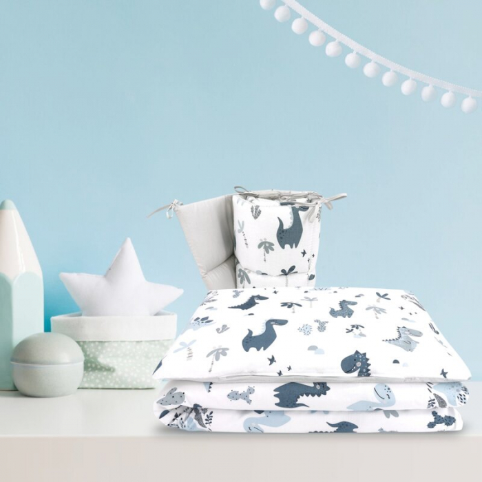 Lenjerie patut cu 3 piese, MimiNu, Pentru patut 120x60 cm, Cu protectie laterala, Din bumbac certificat Oeko Tex Standard 100, Dino Granat [7]