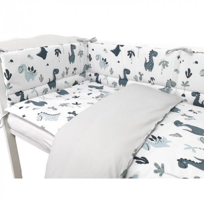 Lenjerie patut cu 3 piese, MimiNu, Pentru patut 120x60 cm, Cu protectie laterala, Din bumbac certificat Oeko Tex Standard 100, Dino Granat [3]
