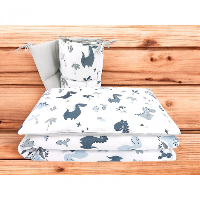 Lenjerie patut cu 3 piese, MimiNu, Pentru patut 120x60 cm, Cu protectie laterala, Din bumbac certificat Oeko Tex Standard 100, Dino Granat [2]