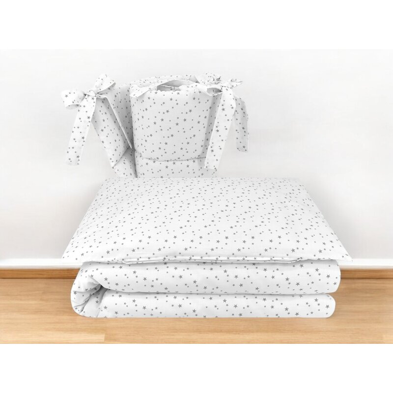 Lenjerie patut cu 3 piese, MimiNu, Pentru patut 120x60 cm, Cu protectie laterala, Din bumbac certificat Oeko Tex Standard 100, Mini Gray Stars [2]