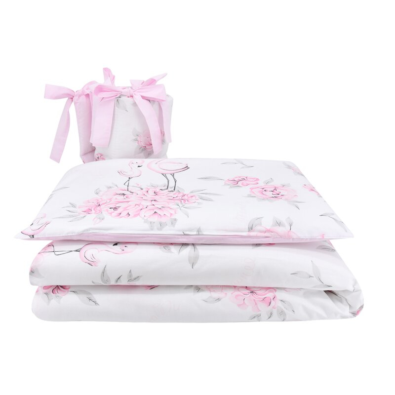 Lenjerie patut cu 3 piese, MimiNu, Pentru patut 120x60 cm, Cu protectie laterala, Din bumbac certificat Oeko Tex Standard 100, Peonie Pink [1]