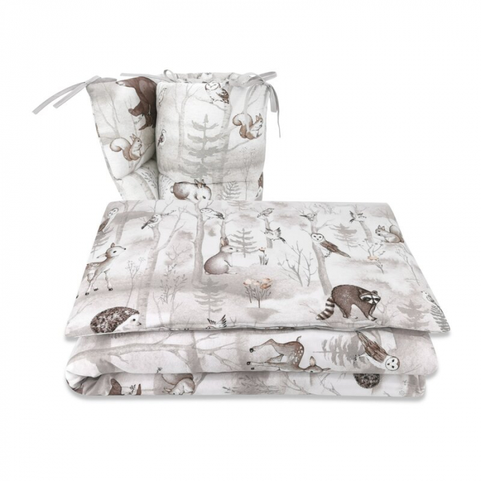 Lenjerie patut cu 3 piese, MimiNu, Pentru patut 120x60 cm, Cu protectie laterala, Din bumbac, Din bumbac certificat Oeko Tex Standard 100, Design, Woodland [1]