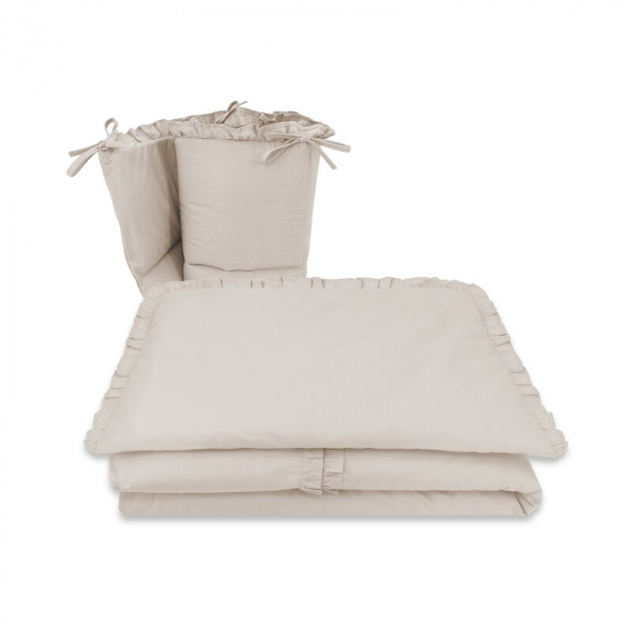 Lenjerie patut cu 3 piese, MimiNu, Pentru patut 120x60 cm, Cu volanase, Cu protectie laterala, Din bumbac certificat Oeko Tex Standard 100, Colectia Royal, Beige [1]