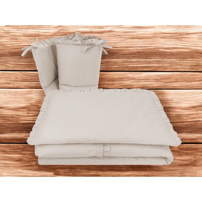 Lenjerie patut cu 3 piese, MimiNu, Pentru patut 120x60 cm, Cu volanase, Cu protectie laterala, Din bumbac certificat Oeko Tex Standard 100, Colectia Royal, Beige [2]