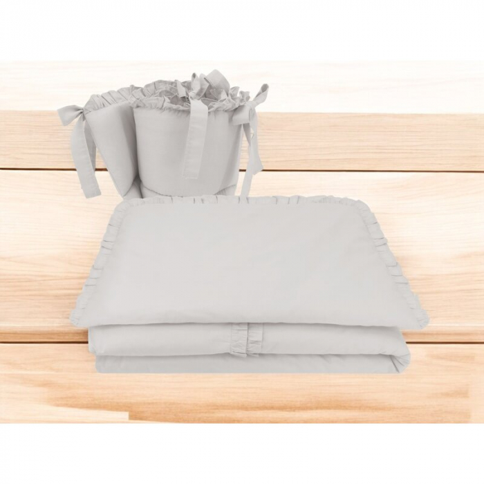 Lenjerie patut cu 3 piese, MimiNu, Pentru patut 120x60 cm, Cu volanase, Cu protectie laterala, Din bumbac certificat Oeko Tex Standard 100, Colectia Royal, Grey [2]