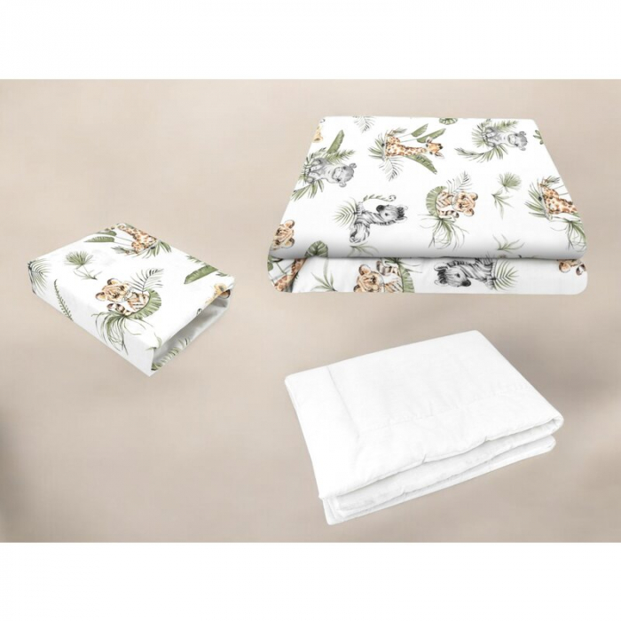 Lenjerie patut cu 3 piese, Qmini, Cu cearceaf 120x60 cm, Din bumbac certificat Oeko Tex Standard 100, Cu pilota si husa pilota, 135x100 cm, Safari [2]