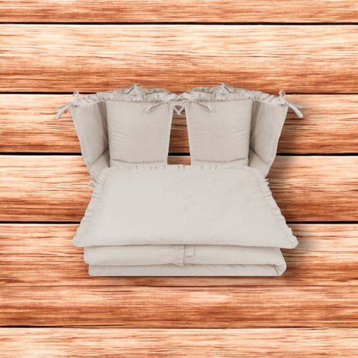 Lenjerie patut cu 4 piese, MimiNu, Pentru patut 120x60 cm, Cu doua protectii laterale, Cu volanase, Din bumbac certificat Oeko Tex Standard 100, Colectia Royal, Beige [2]