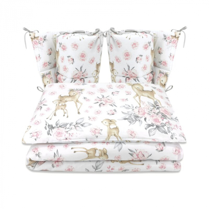 Lenjerie patut cu 4 piese, MimiNu, Pentru patut 120x60 cm, Cu doua protectii laterale, Din bumbac certificat Oeko Tex Standard 100, Sweet Deer Pink [1]