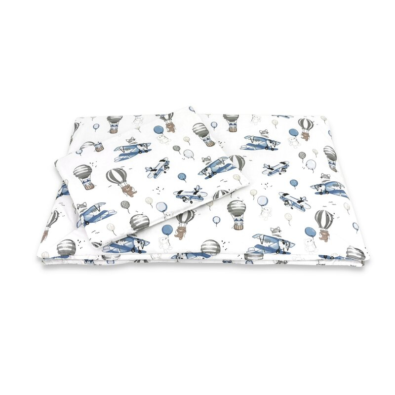 Lenjerie patut cu 5 piese, MimiNu, Cu cearceaf 120x60 cm, Pilota, Pernuta, 2 aparatori, Din bumbac certificat Oeko Tex Standard 100, Blue Plane [6]