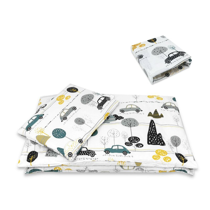Lenjerie patut cu 5 piese, MimiNu, Cu cearceaf 120x60 cm, Pilota, Pernuta, 2 aparatori, Din bumbac certificat Oeko Tex Standard 100, Childrens Journey Grey [4]
