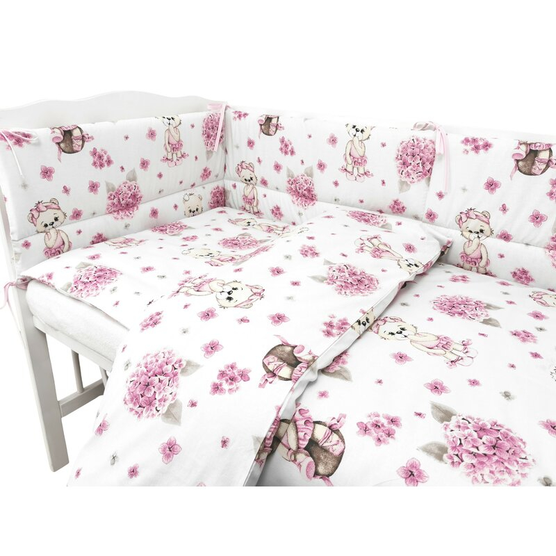Lenjerie patut cu 5 piese, MimiNu, Pentru patut 120x60 cm, Cu pilota si perna, Din bumbac certificat Oeko Tex Standard 100, Design, Pink Ballerina [3]