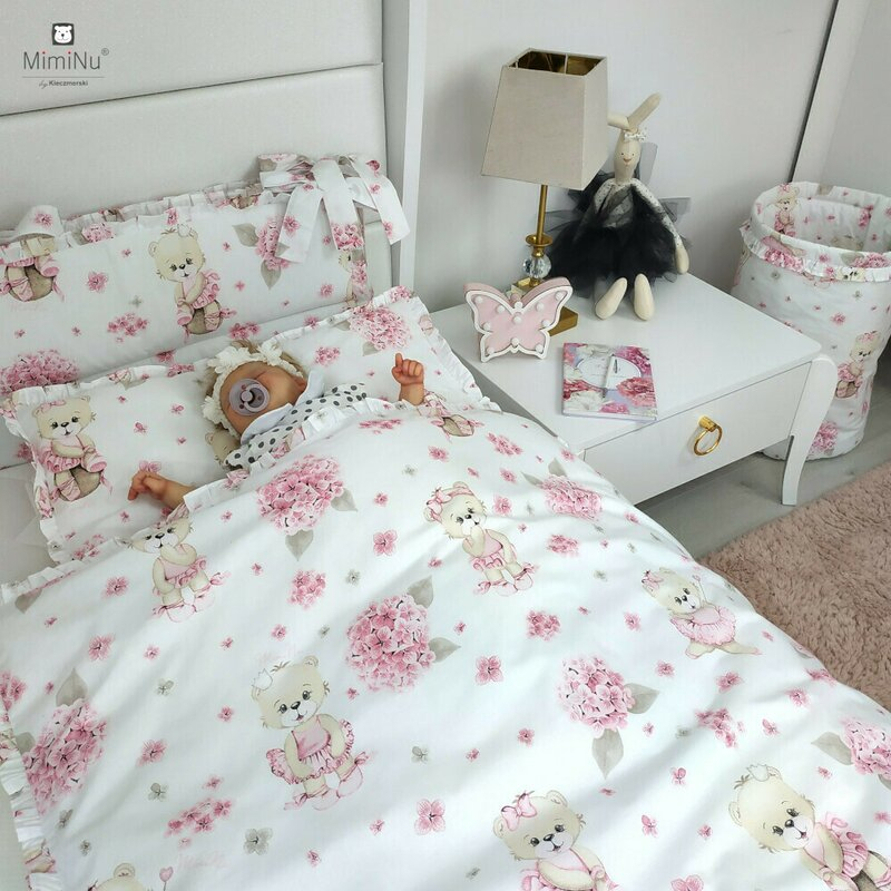 Lenjerie patut cu 5 piese, MimiNu, Pentru patut 120x60 cm, Cu pilota si perna, Din bumbac certificat Oeko Tex Standard 100, Design, Pink Ballerina [4]