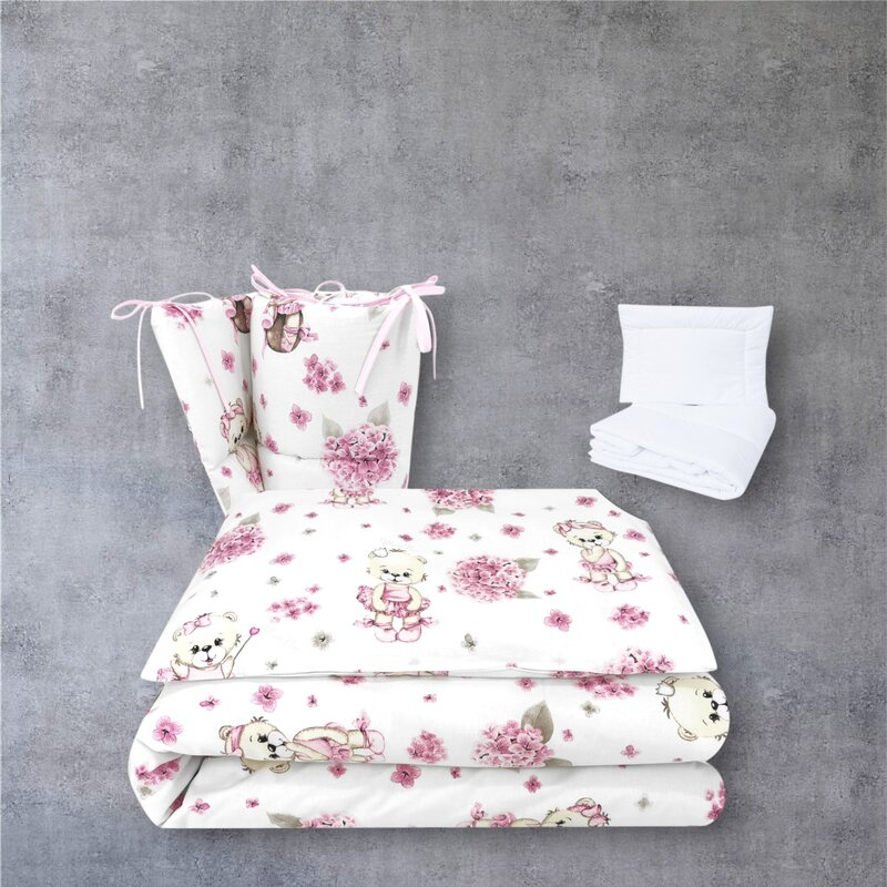 Lenjerie patut cu 5 piese, MimiNu, Pentru patut 120x60 cm, Cu pilota si perna, Din bumbac certificat Oeko Tex Standard 100, Design, Pink Ballerina [2]