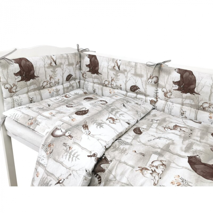 Lenjerie patut cu 5 piese, MimiNu, Pentru patut 120x60 cm, Cu pilota si perna, Din bumbac certificat Oeko Tex Standard 100, Design, Woodland [3]
