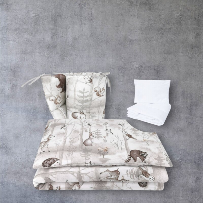Lenjerie patut cu 5 piese, MimiNu, Pentru patut 120x60 cm, Cu pilota si perna, Din bumbac certificat Oeko Tex Standard 100, Design, Woodland [2]