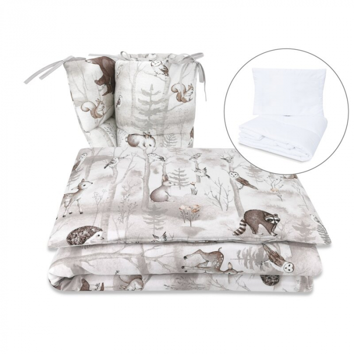 Lenjerie patut cu 5 piese, MimiNu, Pentru patut 120x60 cm, Cu pilota si perna, Din bumbac certificat Oeko Tex Standard 100, Design, Woodland [1]