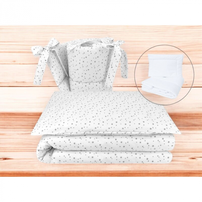 Lenjerie patut cu 5 piese, MimiNu, Pentru patut 120x60 cm, Cu pilota si perna, Din bumbac certificat Oeko Tex Standard 100, Mini Gray Stars [2]