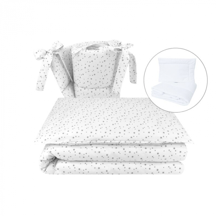 Lenjerie patut cu 5 piese, MimiNu, Pentru patut 120x60 cm, Cu pilota si perna, Din bumbac certificat Oeko Tex Standard 100, Mini Gray Stars [1]