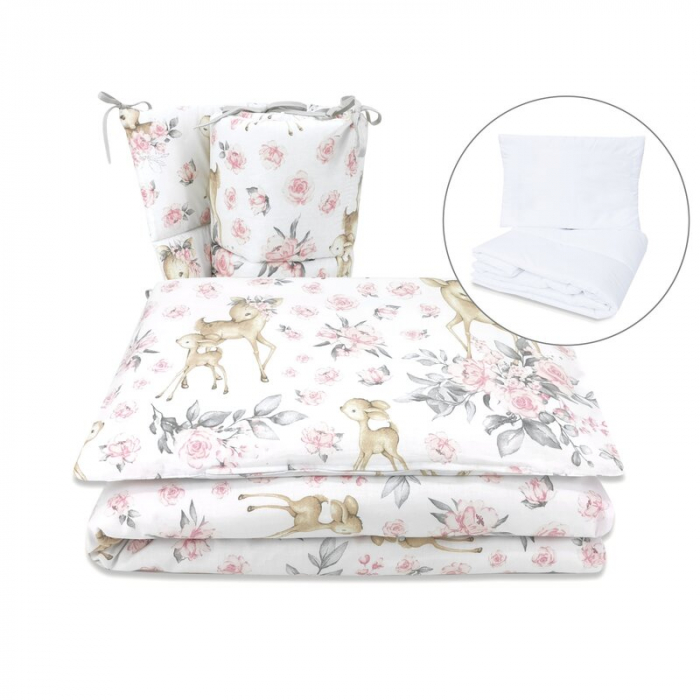 Lenjerie patut cu 5 piese, MimiNu, Pentru patut 120x60 cm, Cu pilota si perna, Din bumbac certificat Oeko Tex Standard 100, Sweet Deer Pink [1]