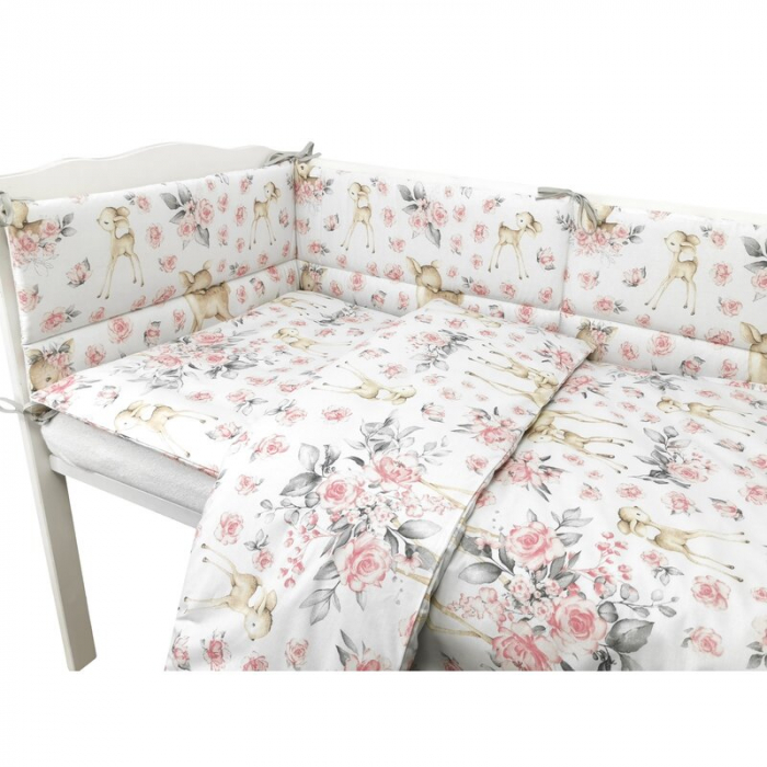Lenjerie patut cu 5 piese, MimiNu, Pentru patut 120x60 cm, Cu pilota si perna, Din bumbac certificat Oeko Tex Standard 100, Sweet Deer Pink [3]
