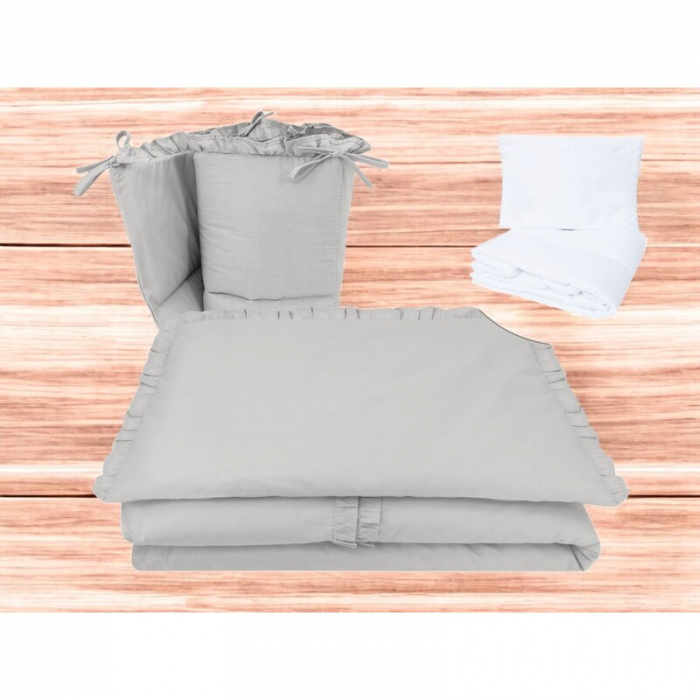 Lenjerie patut cu 5 piese, MimiNu, Pentru patut 120x60 cm, Cu volanase, Cu pilota si perna, Din bumbac certificat Oeko Tex Standard 100, Colectia Royal, Grey [2]