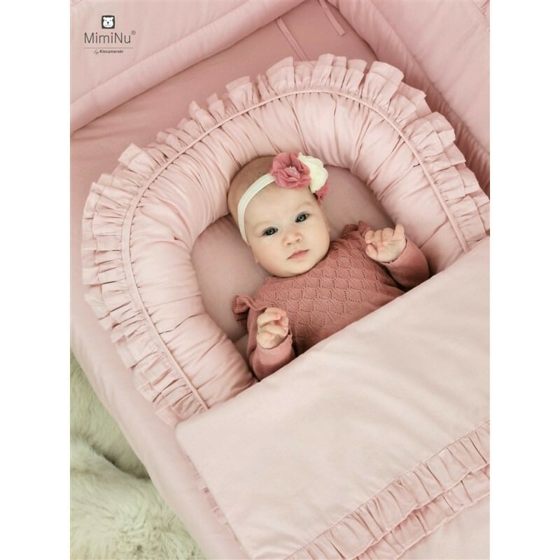 Lenjerie patut cu 5 piese, MimiNu, Pentru patut 120x60 cm, Cu volanase, Cu pilota si perna, Din bumbac certificat Oeko Tex Standard 100, Colectia Royal, Powder Pink [8]