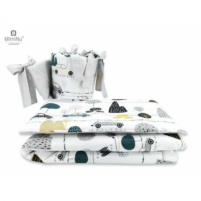 Lenjerie patut cu 6 piese, MimiNu, Pentru patut 120x60 cm, Cu pilota si perna, Cu doua aparatori laterale, Din bumbac certificat Oeko Tex Standard 100, Childrens Journey Grey [3]
