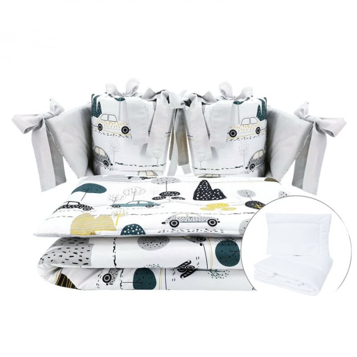 Lenjerie patut cu 6 piese, MimiNu, Pentru patut 120x60 cm, Cu pilota si perna, Cu doua aparatori laterale, Din bumbac certificat Oeko Tex Standard 100, Childrens Journey Grey [1]