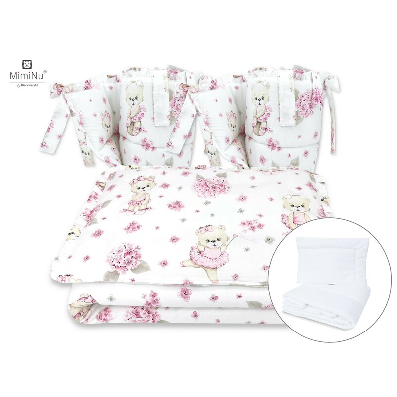 Lenjerie patut cu 6 piese, MimiNu, Pentru patut 120x60 cm, Cu pilota si perna, Cu doua aparatori laterale, Din bumbac certificat Oeko Tex Standard 100, Design, Pink Ballerina [2]