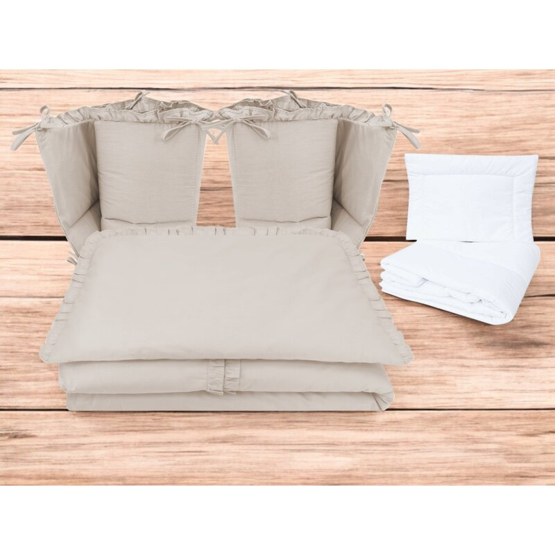 Lenjerie patut cu 6 piese, MimiNu, Pentru patut 120x60 cm, Cu volanase, Cu pilota si perna, Cu doua aparatori laterale, Din bumbac certificat Oeko Tex Standard 100, Colectia Royal, Beige [2]