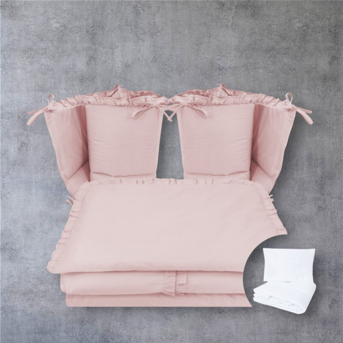 Lenjerie patut cu 6 piese, MimiNu, Pentru patut 120x60 cm, Cu volanase, Cu pilota si perna, Cu doua aparatori laterale, Din bumbac certificat Oeko Tex Standard 100, Colectia Royal, Powder Pink [2]